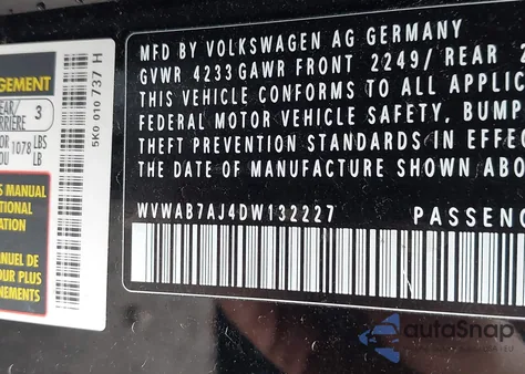 2013 Volkswagen Golf 2.5L 2-Door z USA, uszkodzony, nr VIN WVWAB7AJ4DW132227